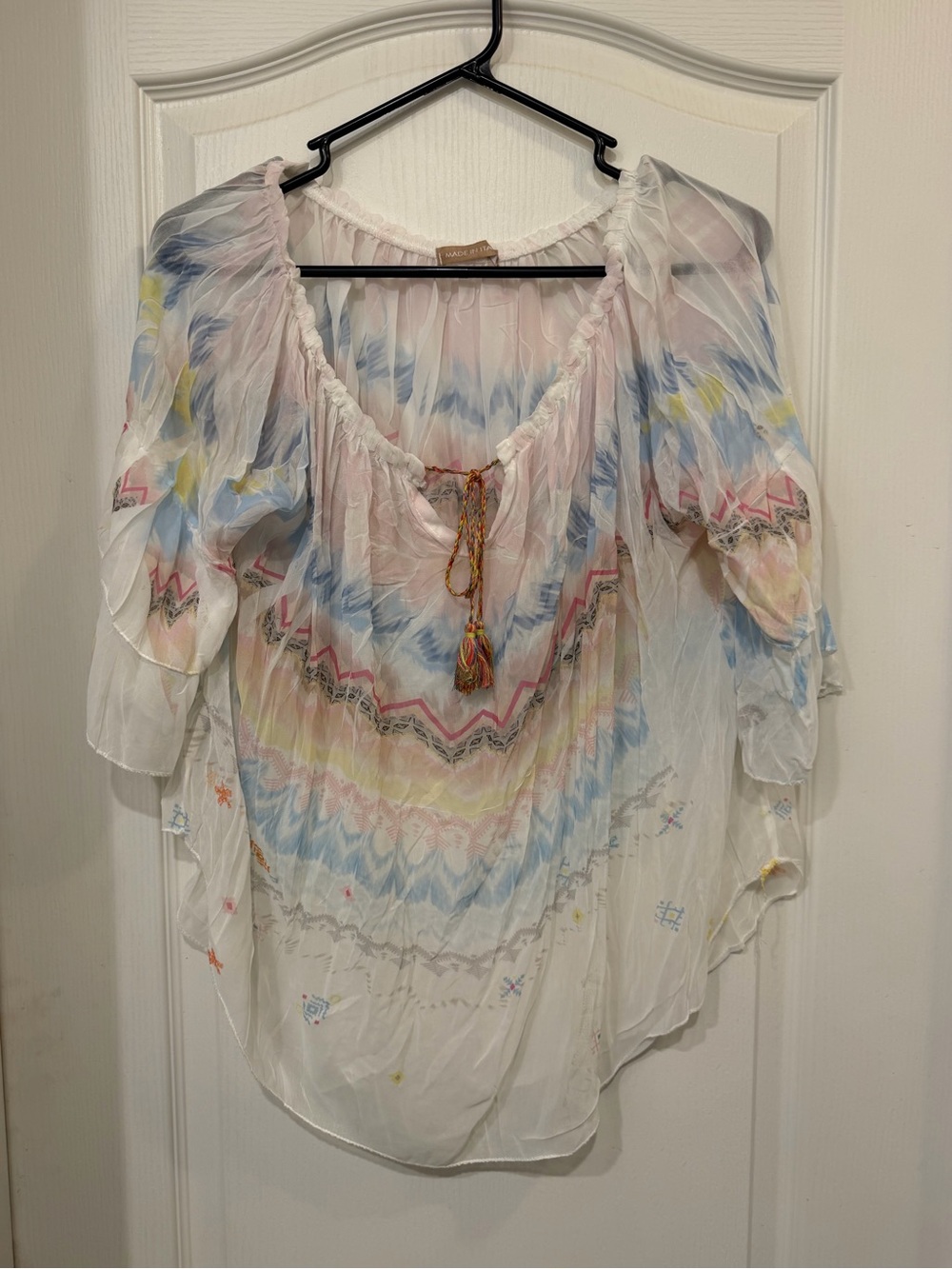 lovestitch White Sheer Peasant Tunic with Pastel Blue Pink and Yellow Accents
